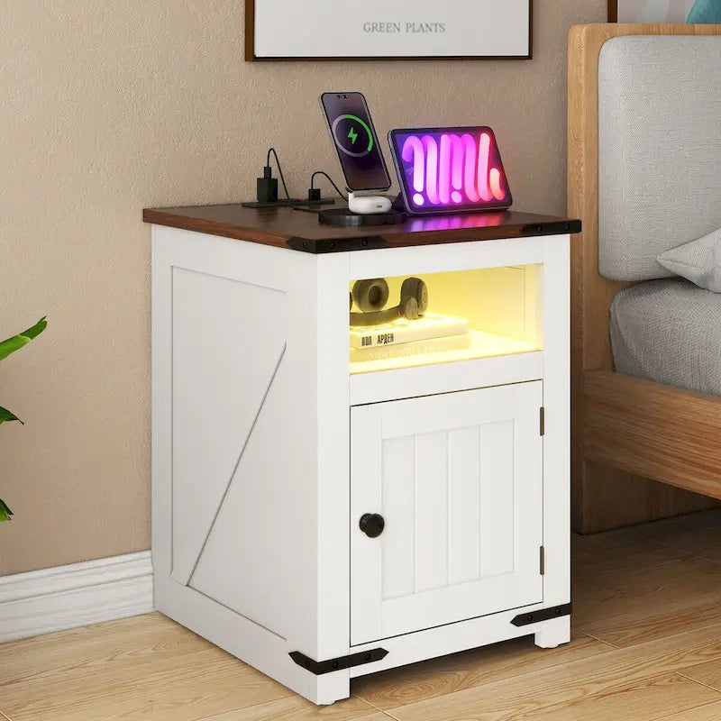 Set of 2 Farmhouse End Tables with LED Lights and Charging Ports