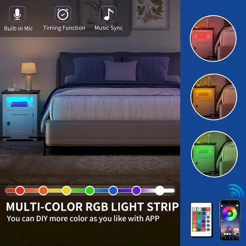 Set of 2 Farmhouse End Tables with LED Lights and Charging Ports