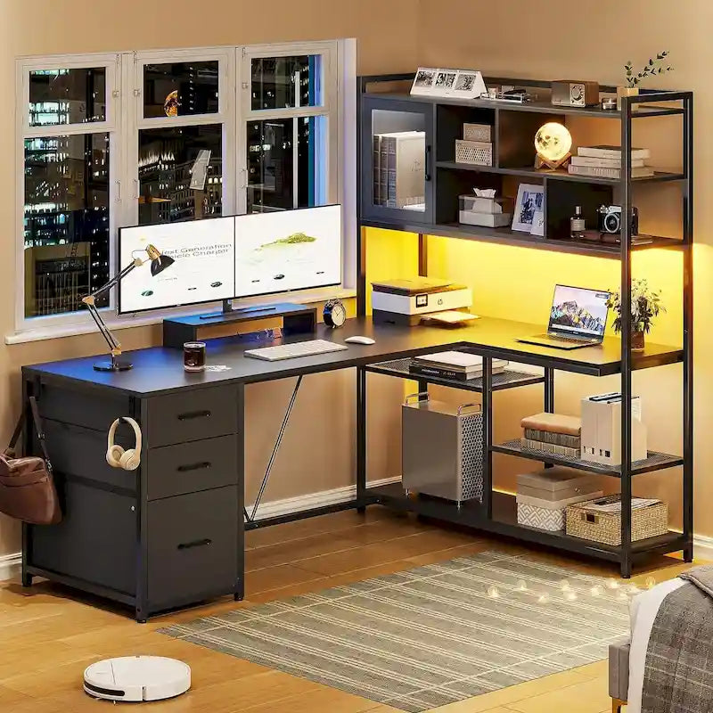 58-Inch Reversible L-Shaped Desk with Drawers, Bookshelf and LED Lights