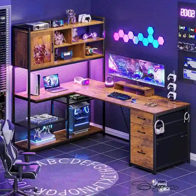 58-Inch Reversible L-Shaped Desk with Drawers, Bookshelf and LED Lights