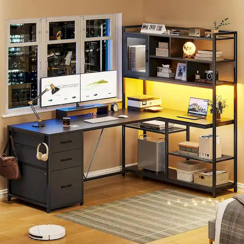 58-Inch Reversible L-Shaped Desk with Drawers, Bookshelf and LED Lights