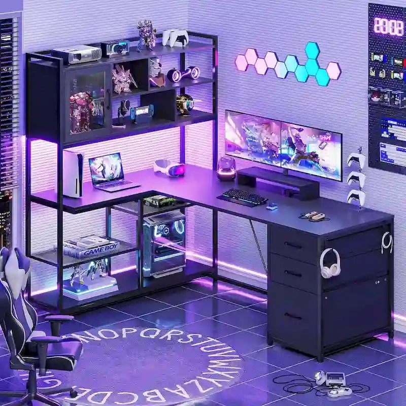 58-Inch Reversible L-Shaped Desk with Drawers, Bookshelf and LED Lights