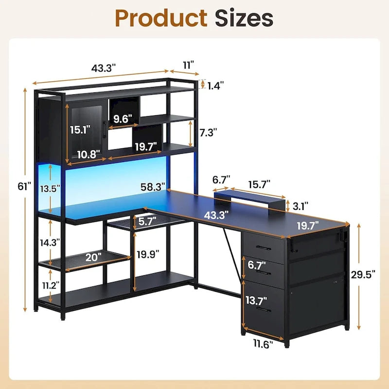 58-Inch Reversible L-Shaped Desk with Drawers, Bookshelf and LED Lights