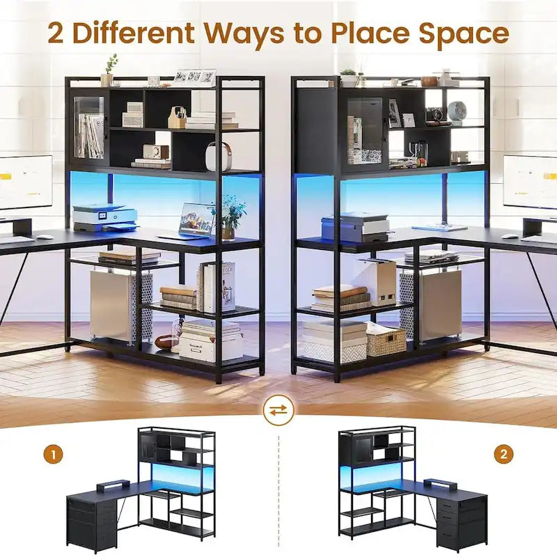 58-Inch Reversible L-Shaped Desk with Drawers, Bookshelf and LED Lights