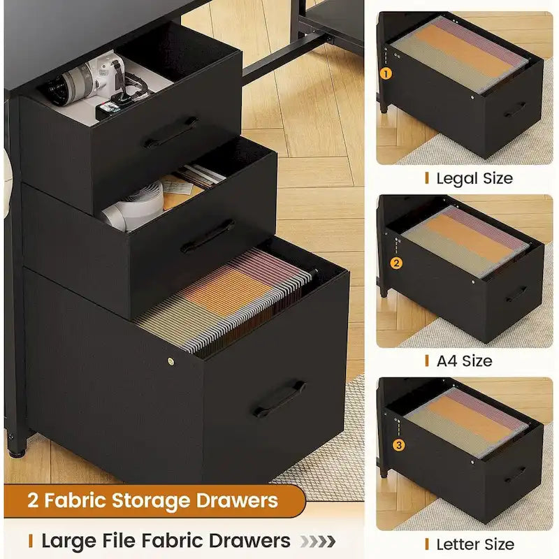 58-Inch Reversible L-Shaped Desk with Drawers, Bookshelf and LED Lights