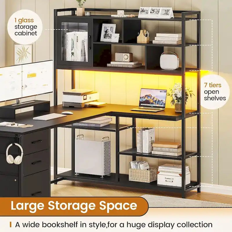 58-Inch Reversible L-Shaped Desk with Drawers, Bookshelf and LED Lights