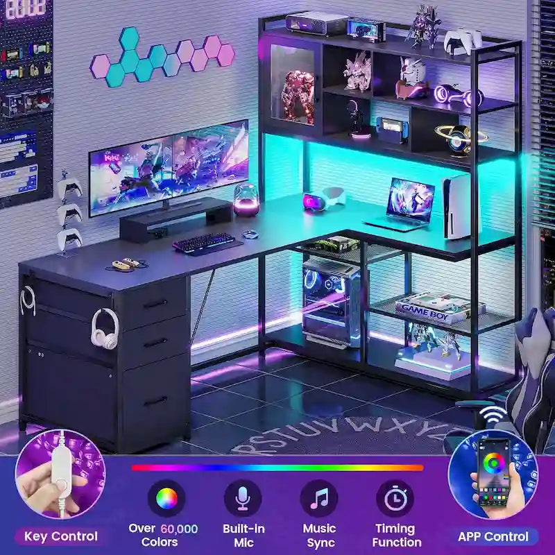 58-Inch Reversible L-Shaped Desk with Drawers, Bookshelf and LED Lights
