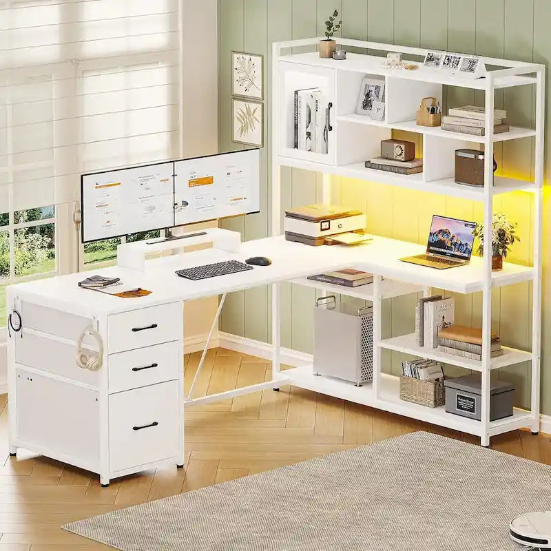 58-Inch Reversible L-Shaped Desk with Drawers, Bookshelf and LED Lights