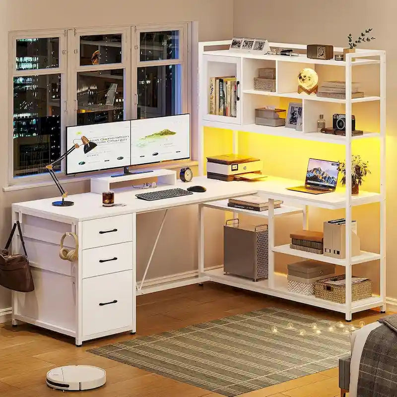 58-Inch Reversible L-Shaped Desk with Drawers, Bookshelf and LED Lights