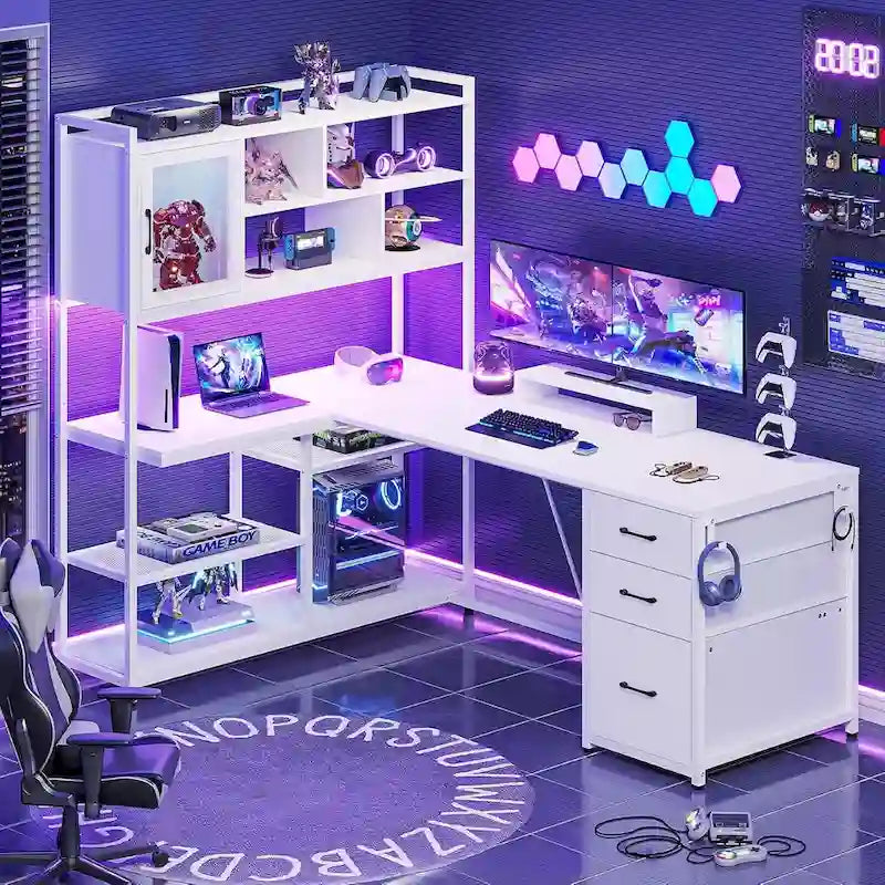 58-Inch Reversible L-Shaped Desk with Drawers, Bookshelf and LED Lights