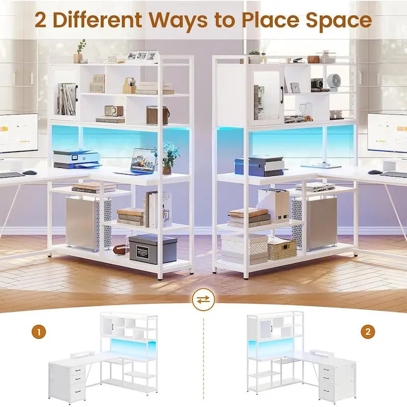 58-Inch Reversible L-Shaped Desk with Drawers, Bookshelf and LED Lights