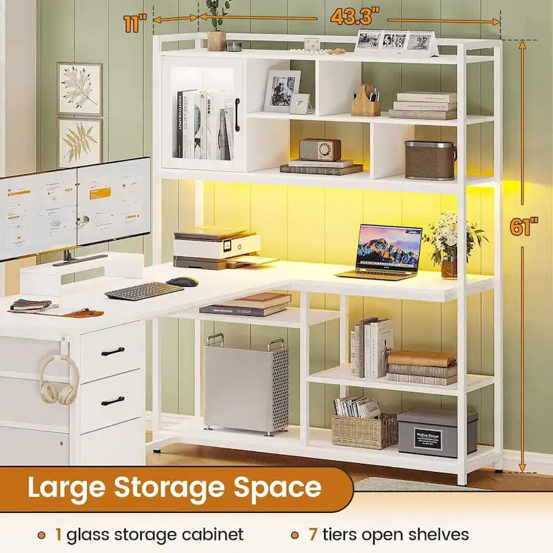 58-Inch Reversible L-Shaped Desk with Drawers, Bookshelf and LED Lights