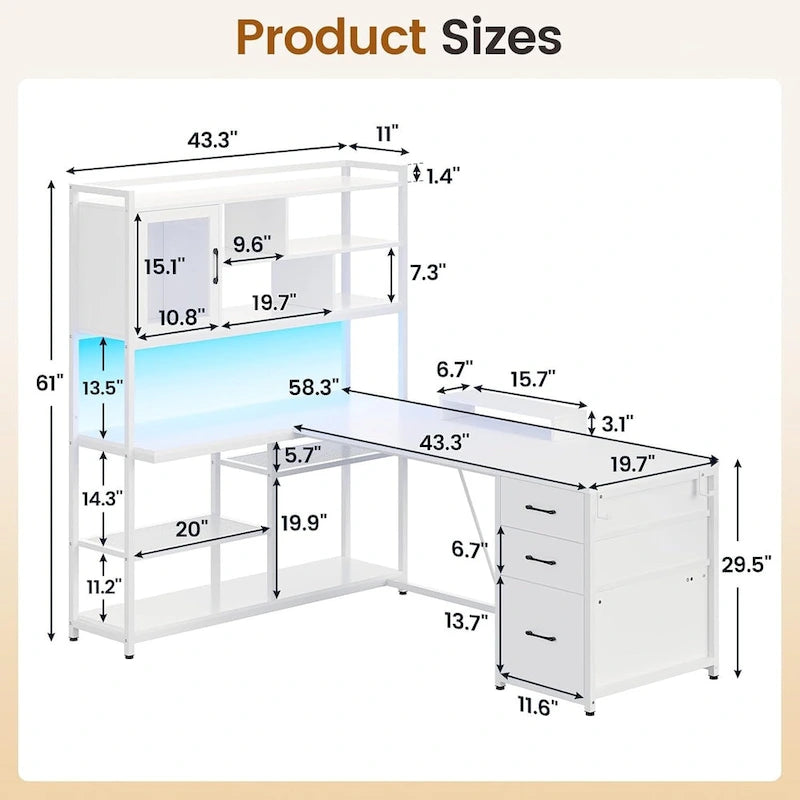 58-Inch Reversible L-Shaped Desk with Drawers, Bookshelf and LED Lights
