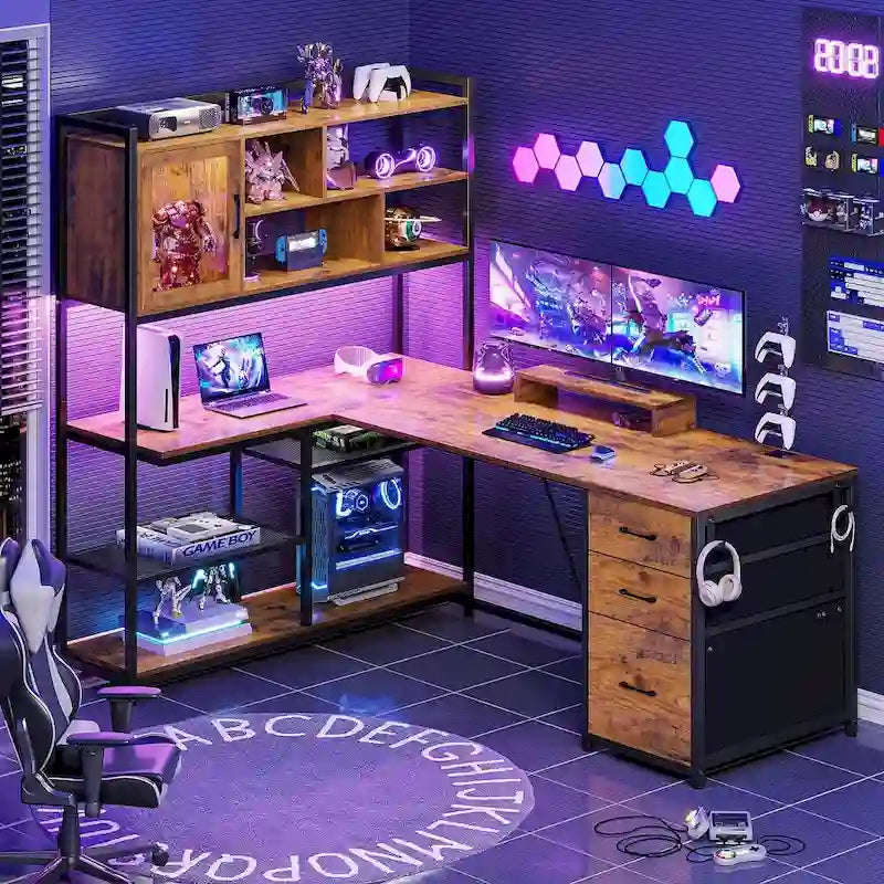 58-Inch Reversible L-Shaped Desk with Drawers, Bookshelf and LED Lights
