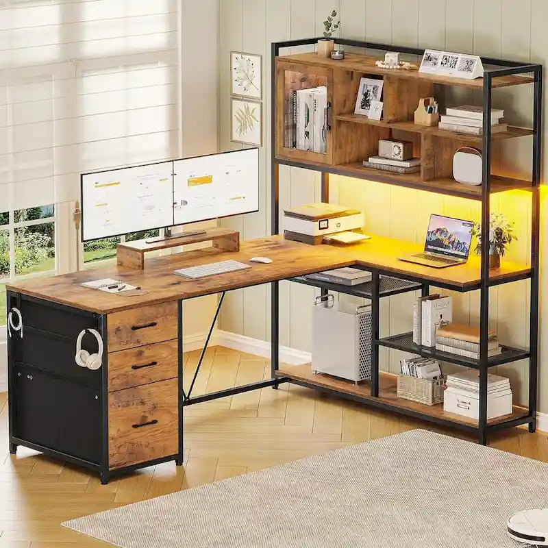 58-Inch Reversible L-Shaped Desk with Drawers, Bookshelf and LED Lights