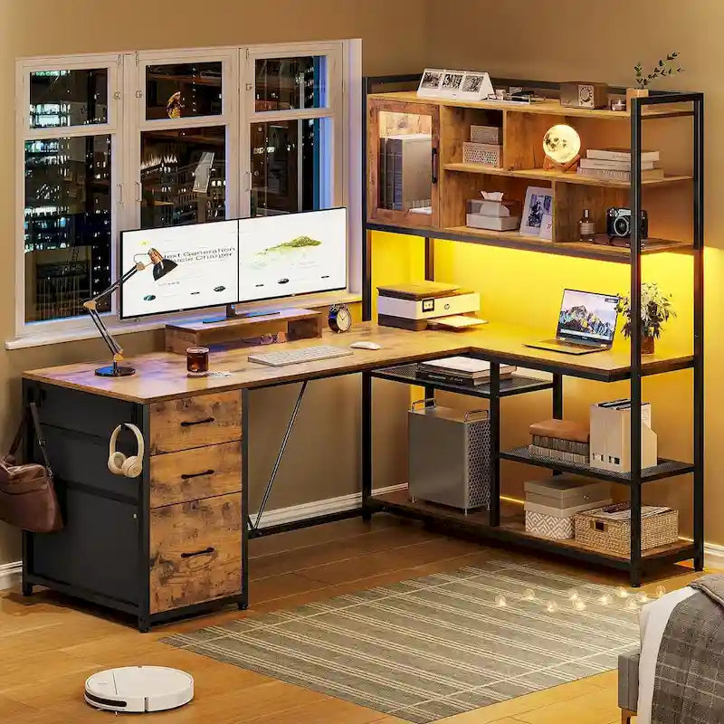 58-Inch Reversible L-Shaped Desk with Drawers, Bookshelf and LED Lights