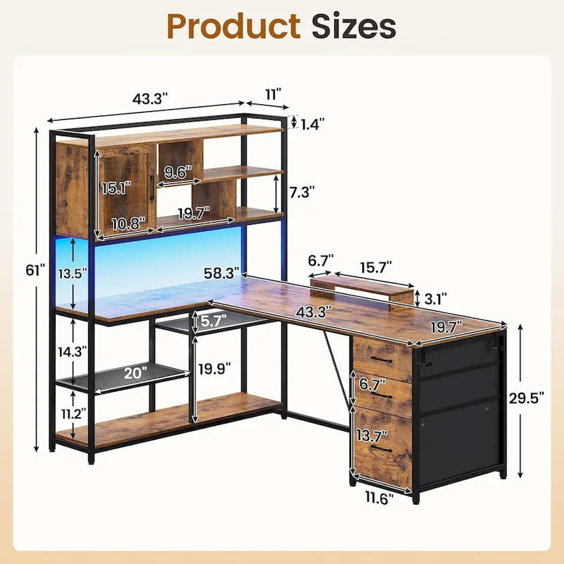 58-Inch Reversible L-Shaped Desk with Drawers, Bookshelf and LED Lights