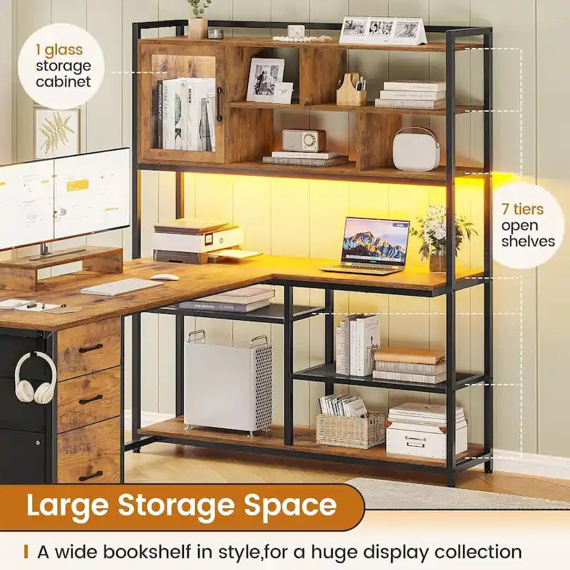 58-Inch Reversible L-Shaped Desk with Drawers, Bookshelf and LED Lights