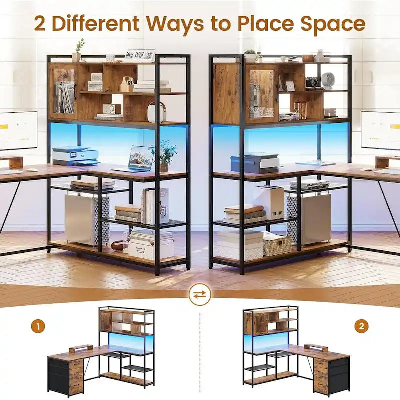 58-Inch Reversible L-Shaped Desk with Drawers, Bookshelf and LED Lights