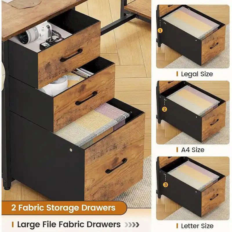 58-Inch Reversible L-Shaped Desk with Drawers, Bookshelf and LED Lights