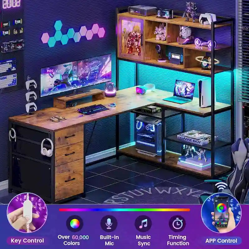 58-Inch Reversible L-Shaped Desk with Drawers, Bookshelf and LED Lights