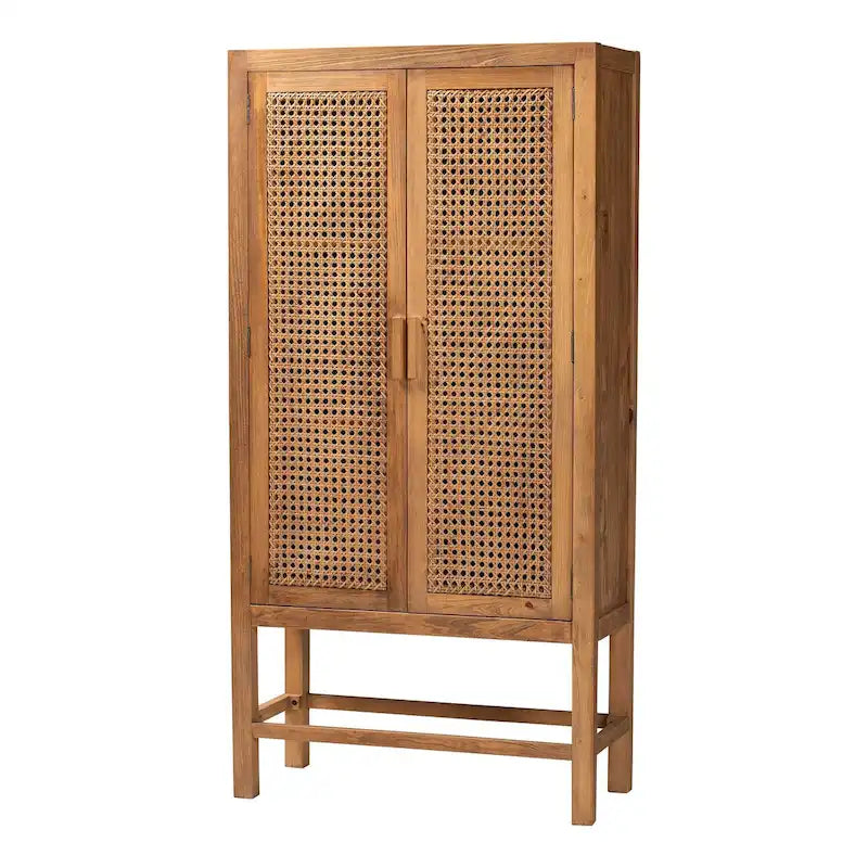 Bohemian Natural Rattan and Wood Tall Storage Cabinet
