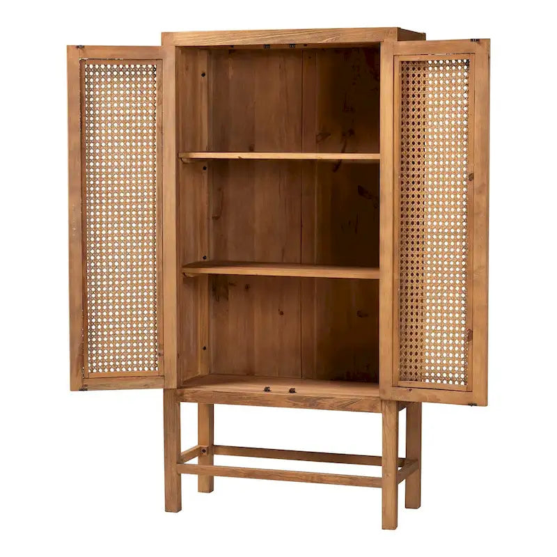 Bohemian Natural Rattan and Wood Tall Storage Cabinet
