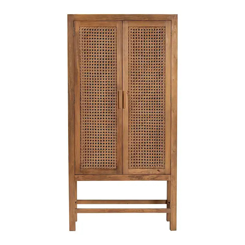 Bohemian Natural Rattan and Wood Tall Storage Cabinet