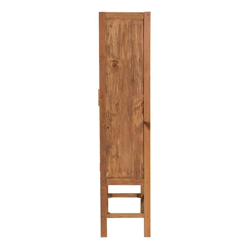 Bohemian Natural Rattan and Wood Tall Storage Cabinet