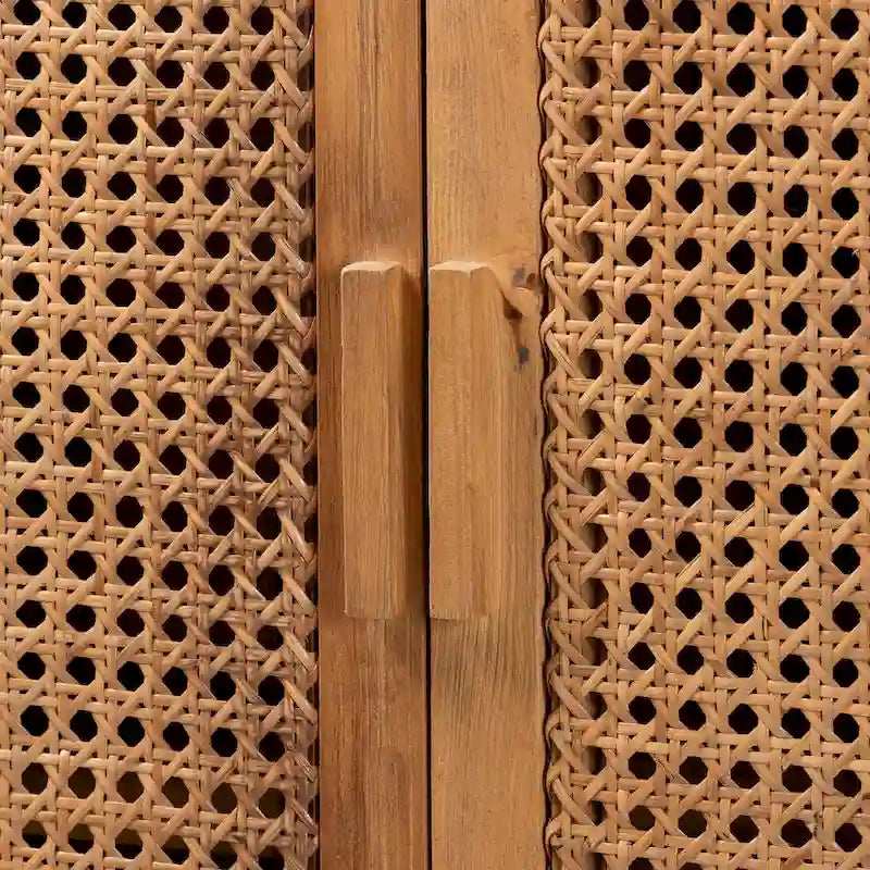 Bohemian Natural Rattan and Wood Tall Storage Cabinet