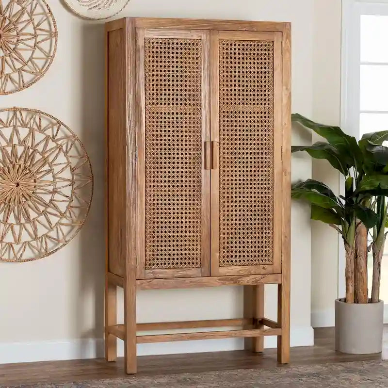 Bohemian Natural Rattan and Wood Tall Storage Cabinet