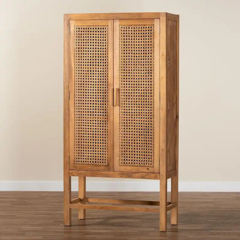 Bohemian Natural Rattan and Wood Tall Storage Cabinet