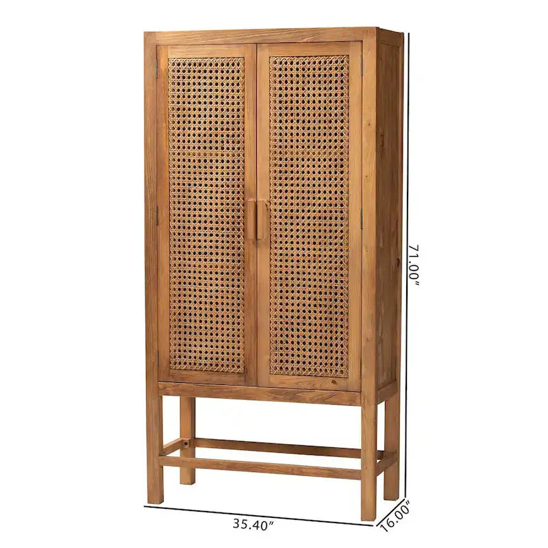 Bohemian Natural Rattan and Wood Tall Storage Cabinet