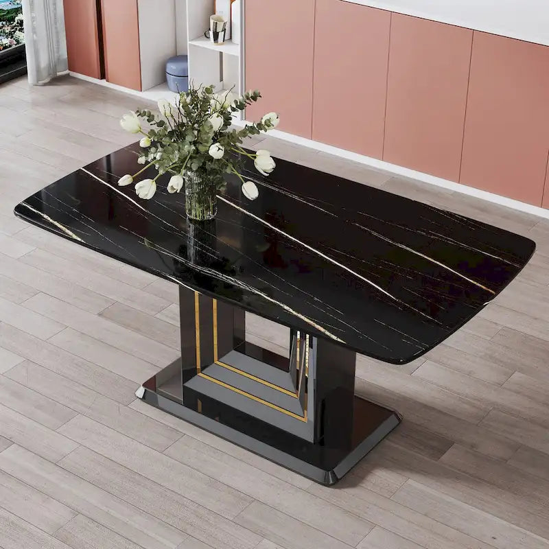 Dining table. Black imitation marble pattern desktop. Black MDF table legs, gold lines, black base