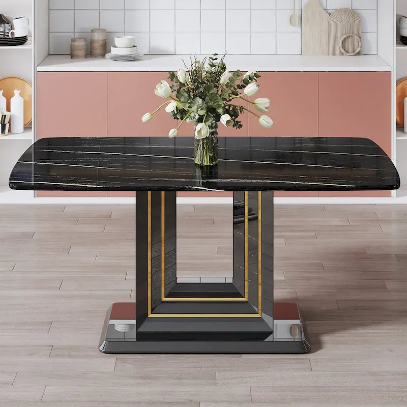 Black Imitation Marble Dining Table with Gold Accents