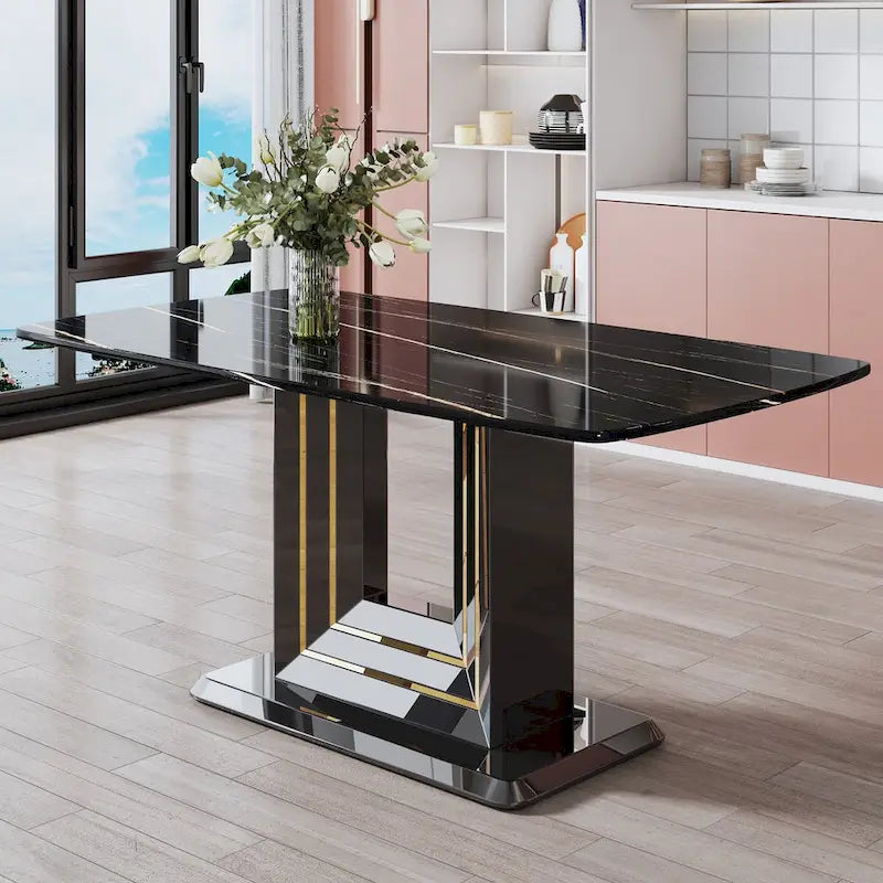 Black Imitation Marble Dining Table with Gold Accents