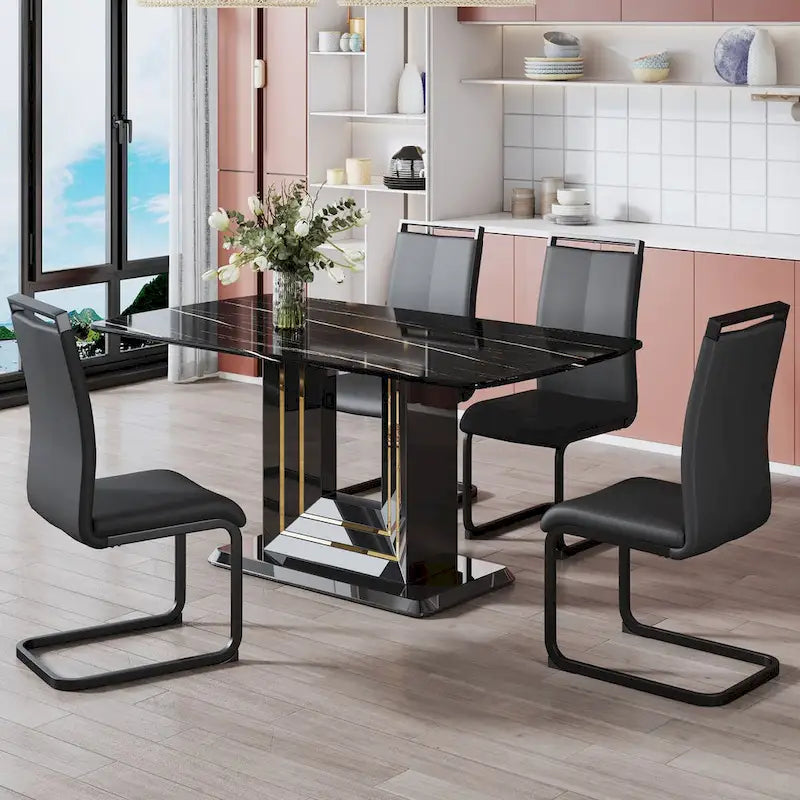 Black Imitation Marble Dining Table with Gold Accents