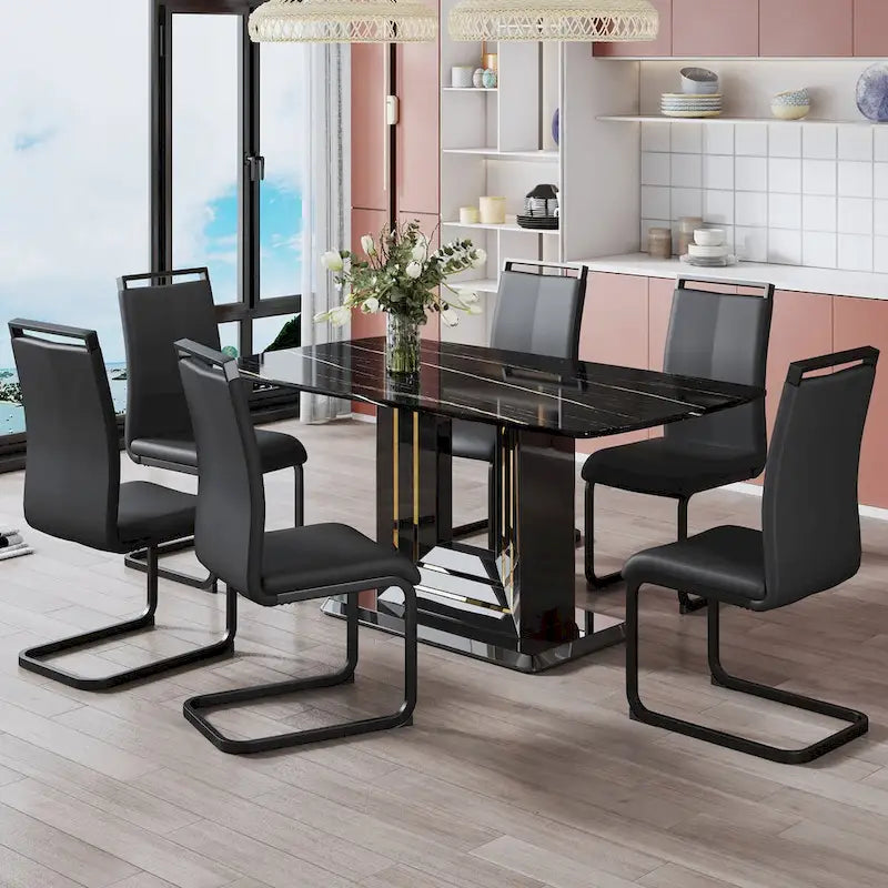 Black Imitation Marble Dining Table with Gold Accents