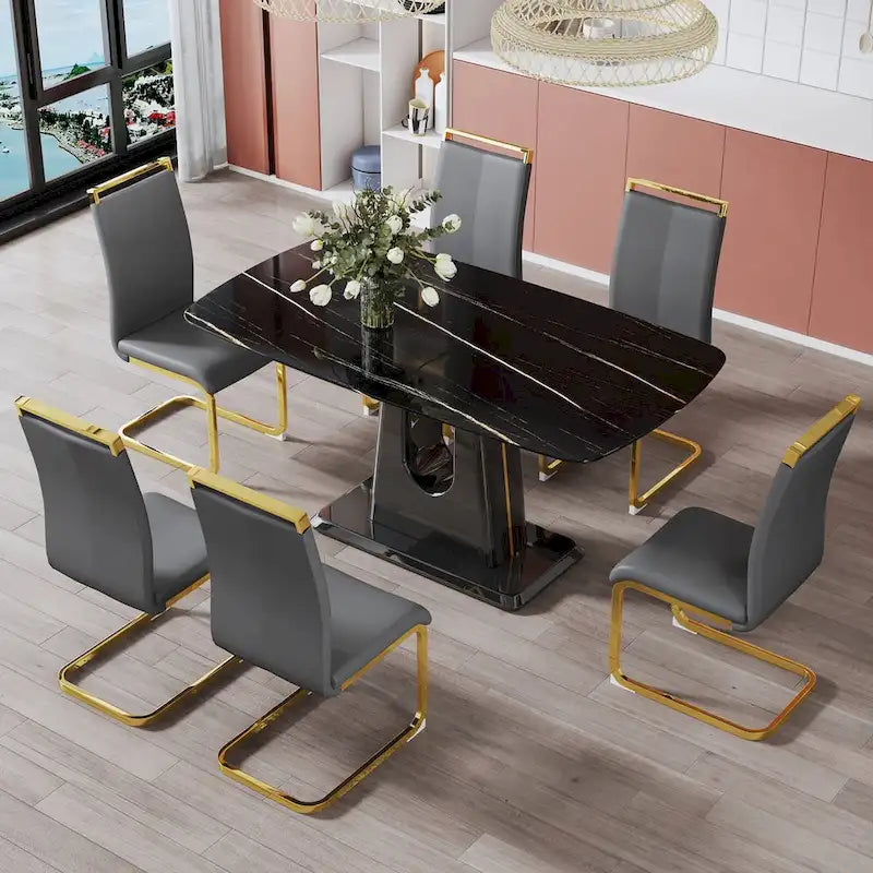 Black Imitation Marble Dining Table with Gold Accents