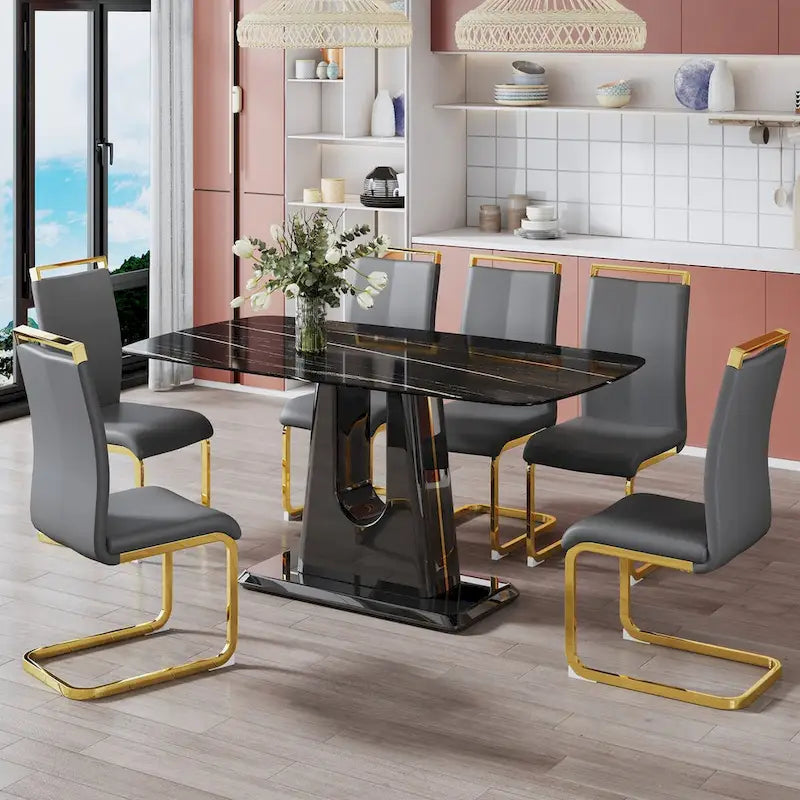 Black Imitation Marble Dining Table with Gold Accents