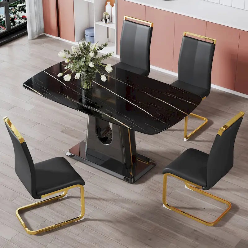 Black Imitation Marble Dining Table with Gold Accents