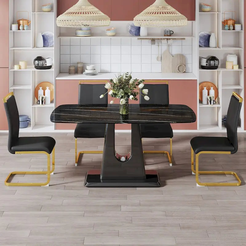 Black Imitation Marble Dining Table with Gold Accents