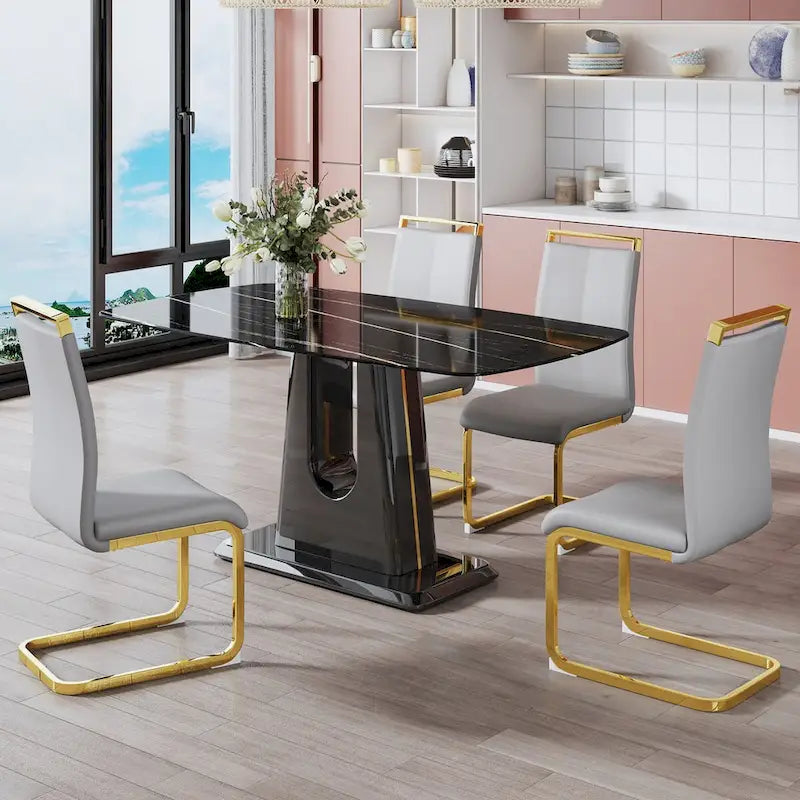 Black Imitation Marble Dining Table with Gold Accents