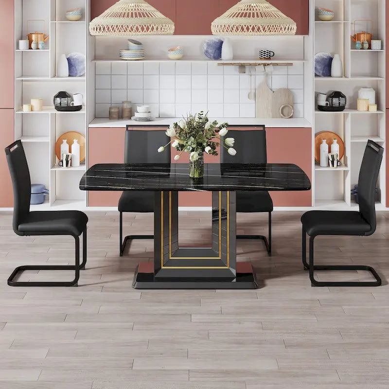 Black Imitation Marble Dining Table with Gold Accents