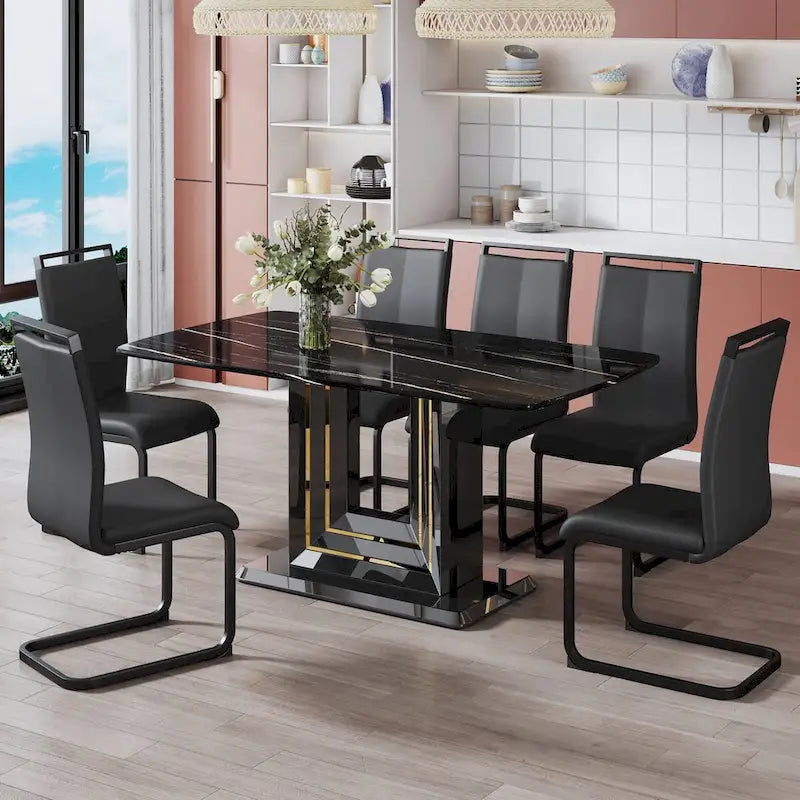 Black Imitation Marble Dining Table with Gold Accents