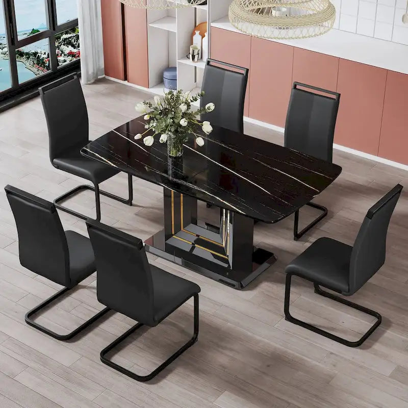 Black Imitation Marble Dining Table with Gold Accents