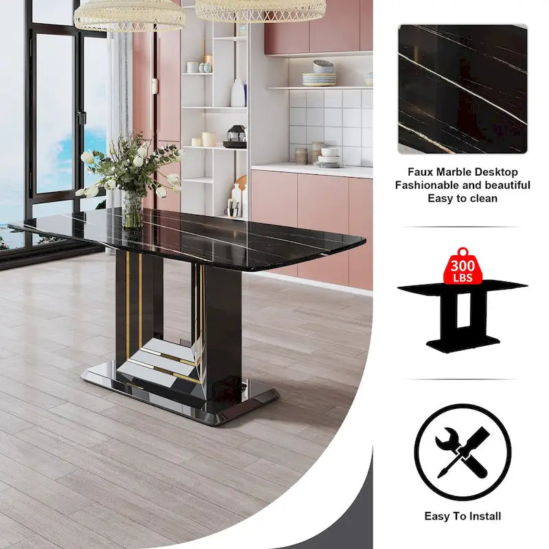 Black Imitation Marble Dining Table with Gold Accents