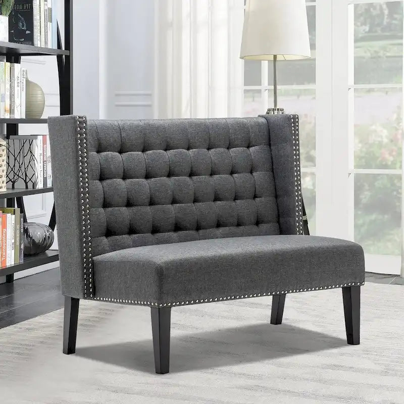Two-Seat Linen Upholstered Settee with Tufting and Nailhead Trim