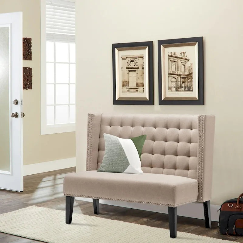 Two-Seat Linen Upholstered Settee with Tufting and Nailhead Trim