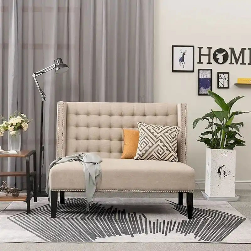 Two-Seat Linen Upholstered Settee with Tufting and Nailhead Trim